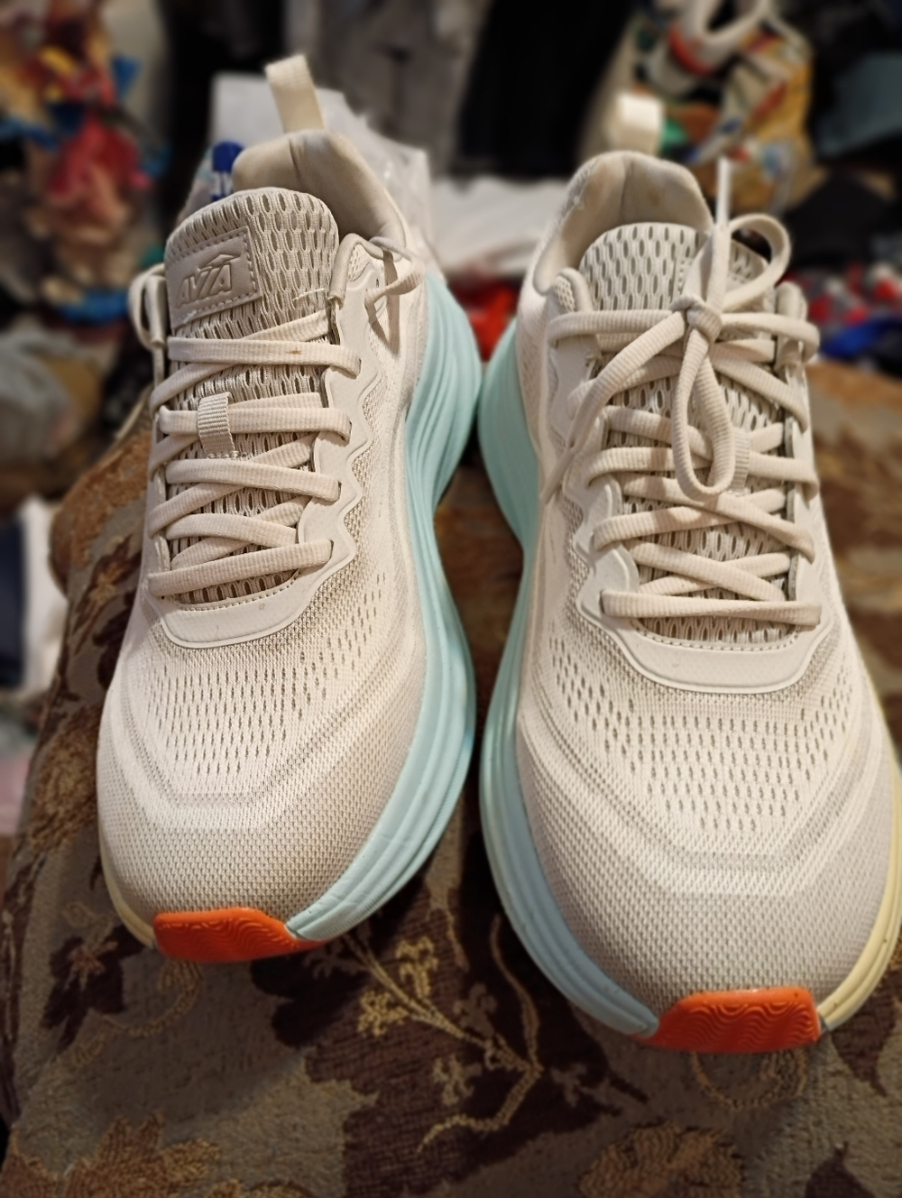 Avia Women's Cream Knit Running Shoes with Mint Sole and Orange Toe